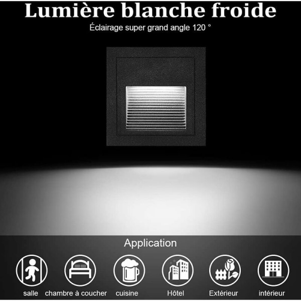 3W LED infälld vägglampa, kall vit? IP65 vattentät trappbelysning, stegbelysning, aluminium, dekorativ belysning utomhus inomhus svart hölje