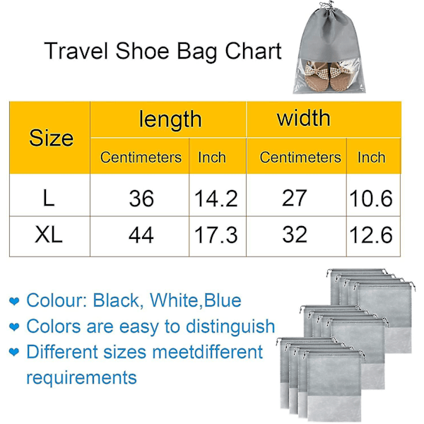 12 stk. Rejsetaske til sko i non-woven stof - Opbevaringspose til sko med gennemsigtigt vindue
