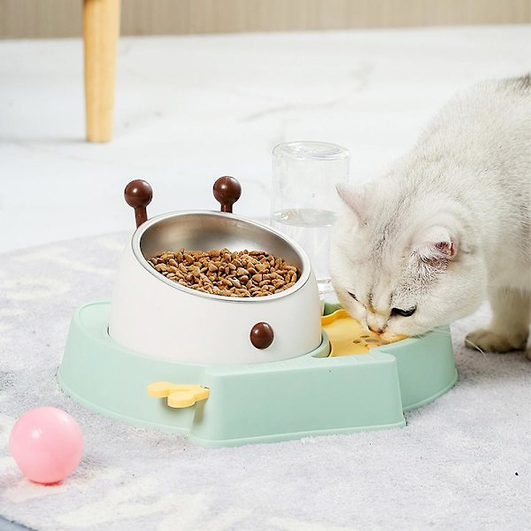 Kattmatskål Dubbelskål Skydd Halskotor Anti-vältning Automatisk Dricksvatten Hundskålgrön