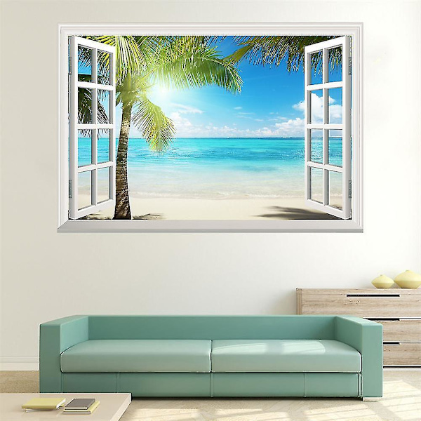 Tropisk øystrand, sommer 3d vindusutsikt veggklistremerke plakat klistremerke, 1 stk