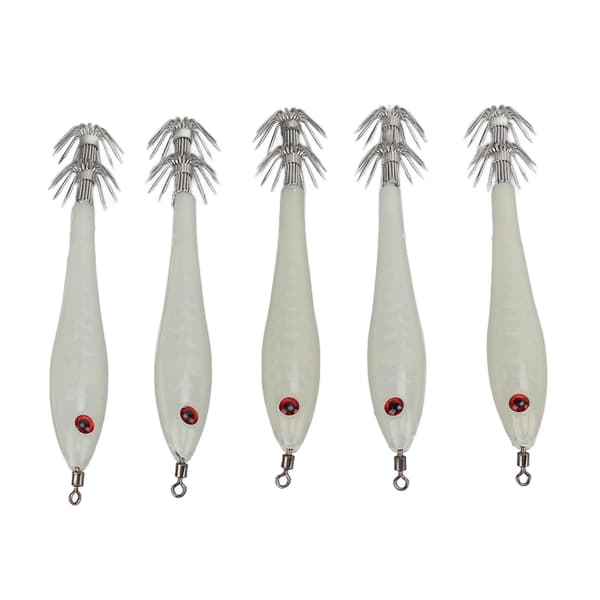 5PCS Hard Fishing Lure Simulation Squid False Bait Hooks Artificial Squid Double Hook JigLuminous White