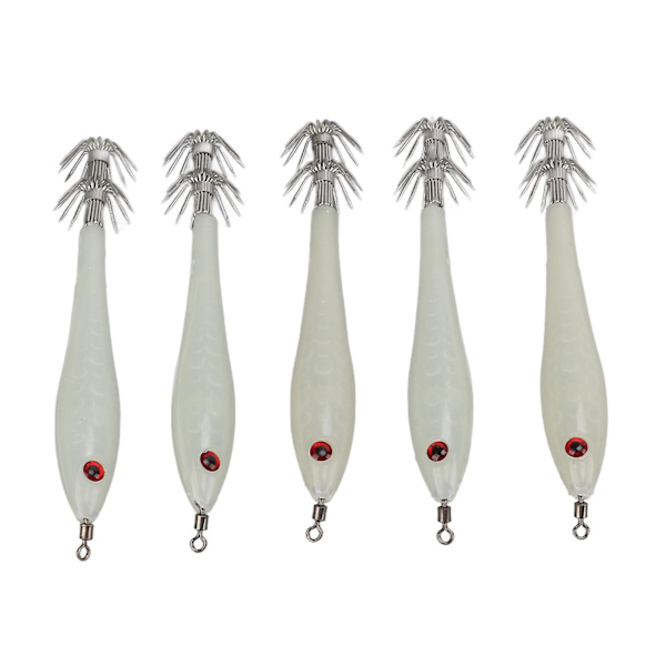 5PCS Hård Fiske Lure Simulering Bläckfisk Falsk Bete Krokar Artificiell Bläckfisk Dubbelkrok JigLuminous Vit