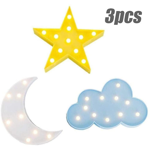3PCS LED nattlampa söt stjärna måne vägg skrivbord barn rum plantskola lampa, baby shower litet ljus användning i födelsedagsfest, vardagsrum, juldekoration