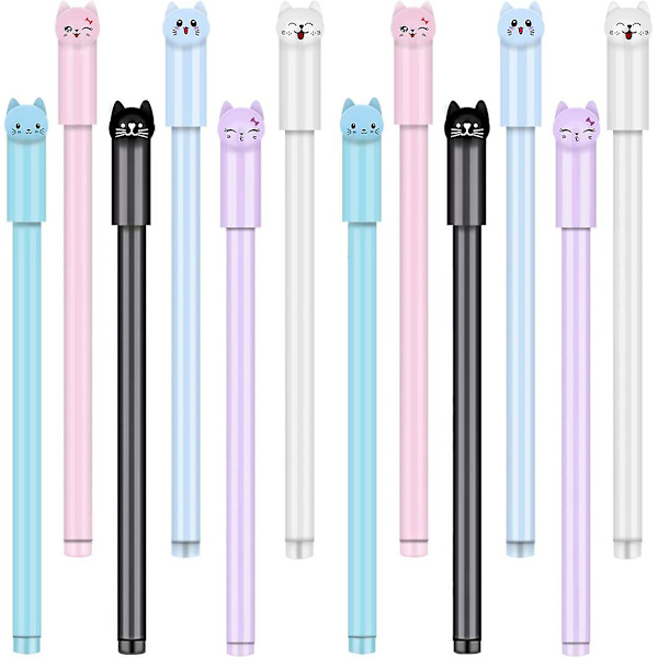 12 stk. søde kattepenne gel kawaii penne sorte kuglepenne katteskoleartikler blandede stilarter