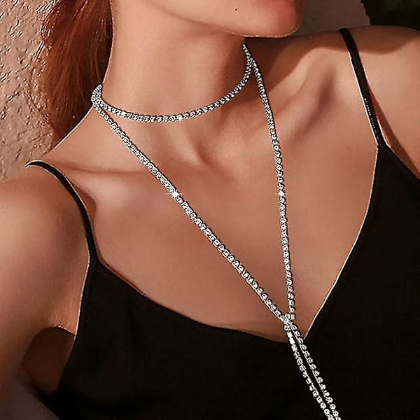 Rhinestone Choker Sølv Flerlags Choker Lang Kjede Blanke Smykker Tilbehør for Kvinner og Jenter