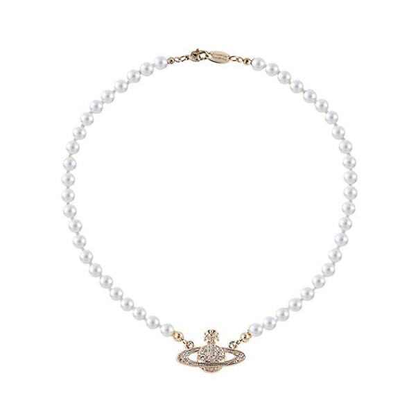 Strass Saturn hänge Charm Halsband Imitation Pearl Choker Nyckelbenskedja Kvinnor Present（Guld）