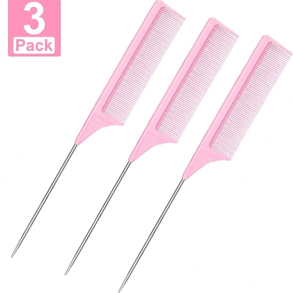 Steel Pin Rat Tail Comb Carbon Fiber Heat Resistant Teasing Combs With Stainless Steel Pintail (pink)