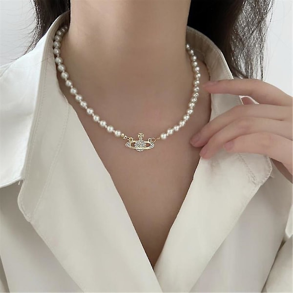 Kvinners perleplanet farget ol anheng halskjede perlekjede rhinestones choker (gull)