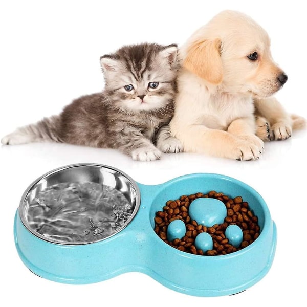 Halkfri hund- och kattskål, dubbelskål, hundskål i rostfritt stål, långsam matskål, långsam matning, interaktivt rolig matning av katter och hundar för skål