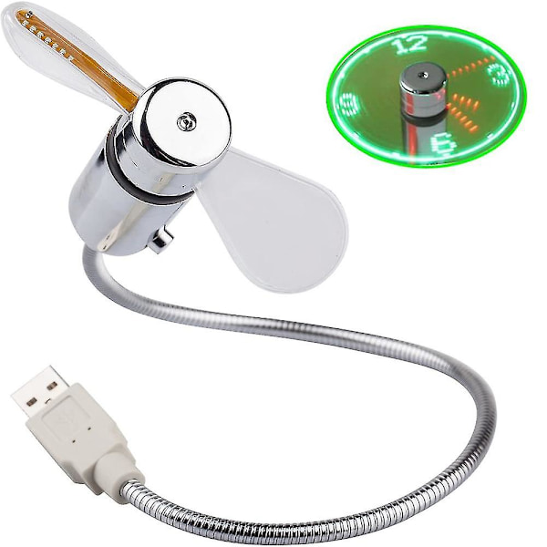 USB-ventilator med tids- og temperaturvisning og fleksibel svanehals