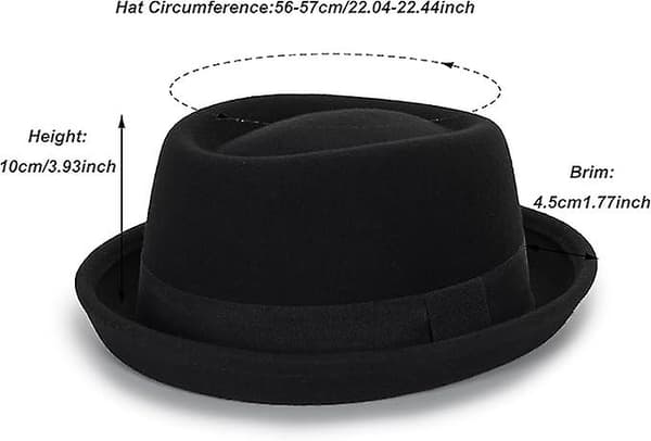 Flat Top Porkpie Hat for Menn, Svart Ullhatt med Bånd