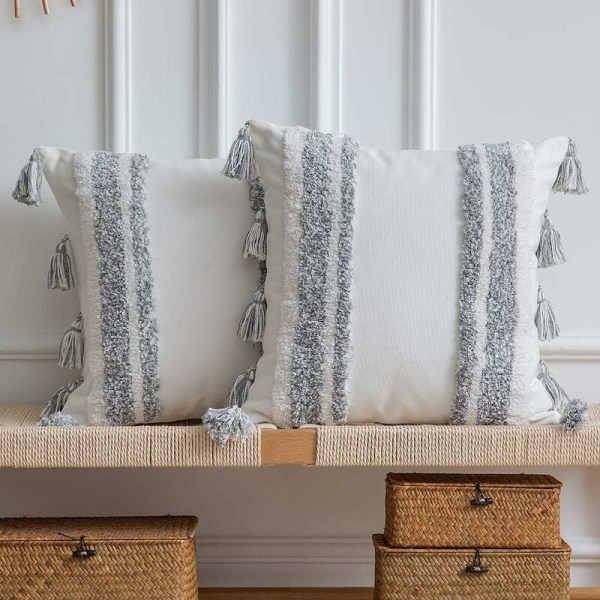 Kuddfodral - 2-pack 100 % bomull vävd tuftad fyrkantig kuddfodral med fransar för soffa soffa madrassöverdrag grå