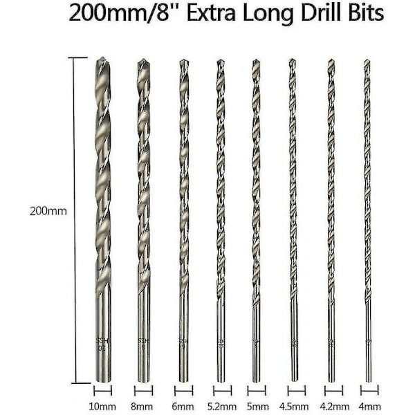 Extra lång 200 mm borrbitsset 8 st HSS-bits cylindrisk skaftdiameter 4 mm 4,2 mm
