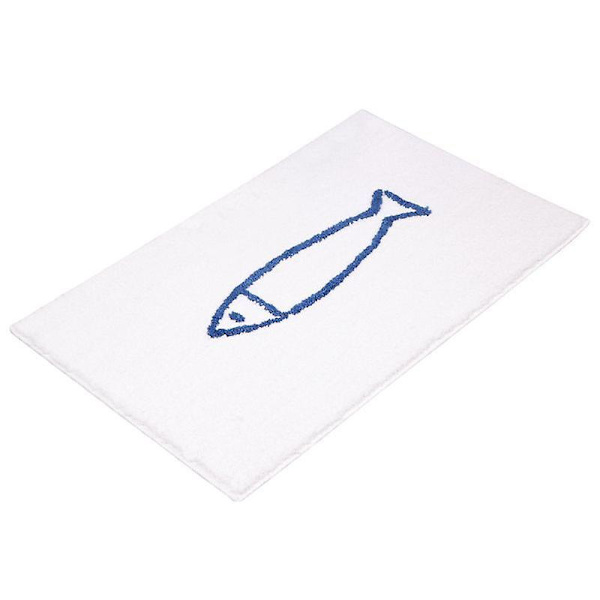 Blå/hvid fiskemønstret skridsikker bademåtte, polyester, 40 x 60 cm hvid