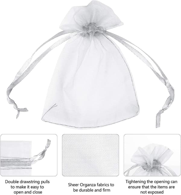 Mesh-smyckespåsar med dragsko, 100-pack, transparenta organza-presentpåsar för bröllopsfest och julklappar, storlek 3\" x 4\" (vit)