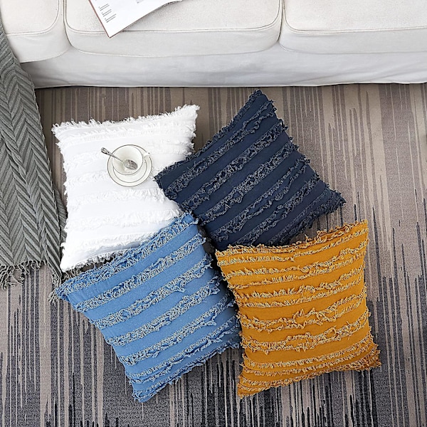 Blå Sofa Seng Pledd Putetrekk, Bomull og Lin Dekorative Putetrekk, 20 X 20 Tommer, Sett med 2