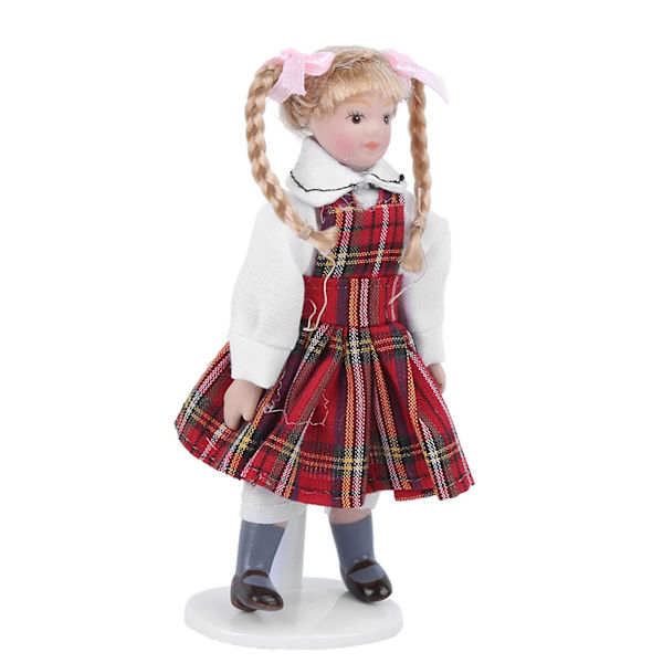 1:12 Dukkehus Dukke Miniature Porcelæn Lang Fletning Rød Kjole Pige Mini Legetøj Dukke ModelRød