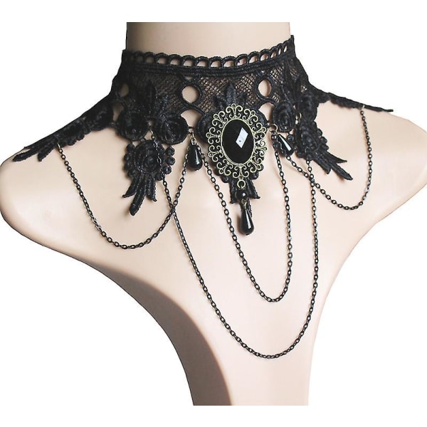 Elegant Vintage Princess Black Lace Gothic Statement Halskjede+armbånd