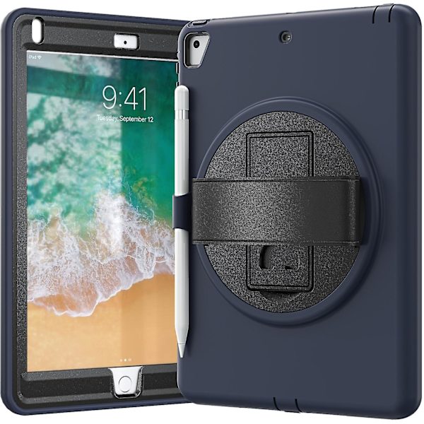 Tungt skyddande fodral för iPad 9,7 tum 2018/2017 med handrem, pennhållare, heltäckande skydd