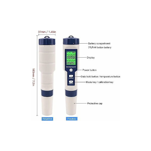 PH-mätare 5 i 1 PH/TDS/EC/ORP/Temperatur Vattenkvalitetsmonitor Testare för simbassäng Hydroponics Dricksvatten Akvarier