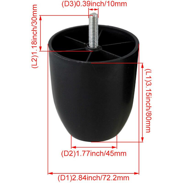 4 st Svarta plastcylindriska fötter, möbelfötter, soffben, 80 x 73 x 45 mm