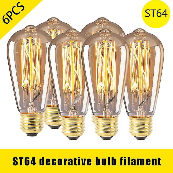 6 stk. Vintage Retro ST64 E27 Edison-pærer 40W Glødetrådslampe Varm Hvid