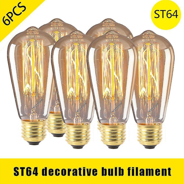 6st Vintage Retro ST64 E27 Edison-lampor 40W glödlampa varmvit