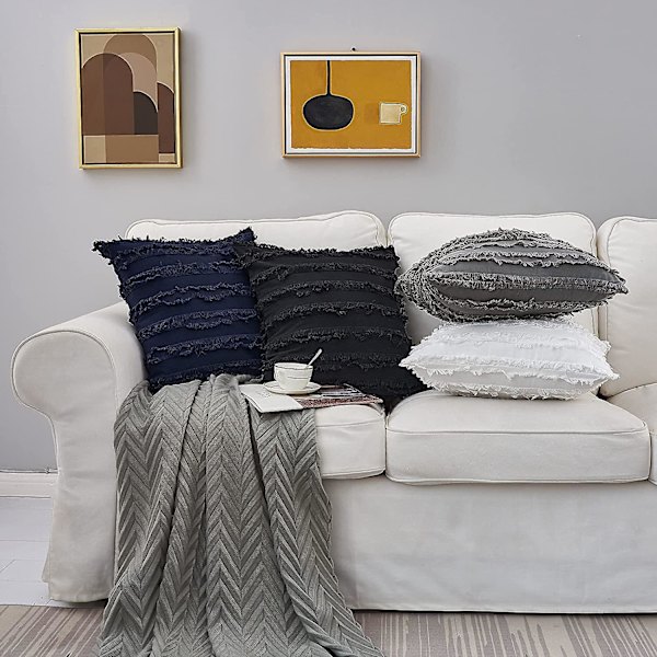 Svart bäddsoffa överkast kuddfodral, bomull och linne dekorativa kuddfodral, 24 x 24 tum, set med 2