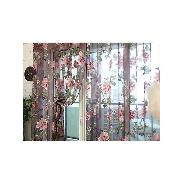 Romantisk blommig tyllvoile dörrfönster gardin hängande panel transparent sjal volang 1 st (1 × 2 meter hög)