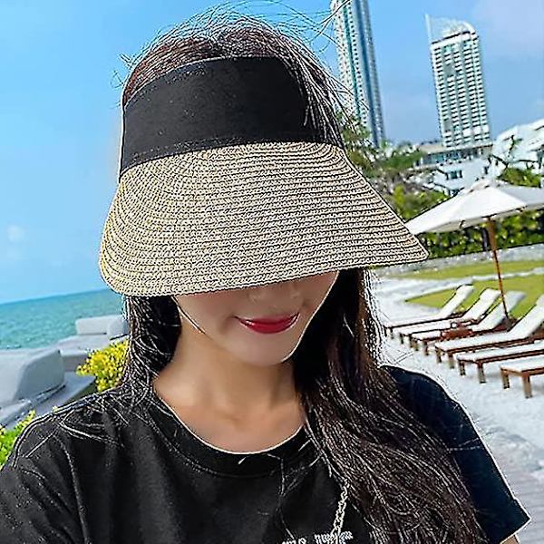 Kvinnors bredbrättade solhatt av halm, hopfällbar strandhatt för kvinnor, sommarhatt med upprullad hästsvans, beige