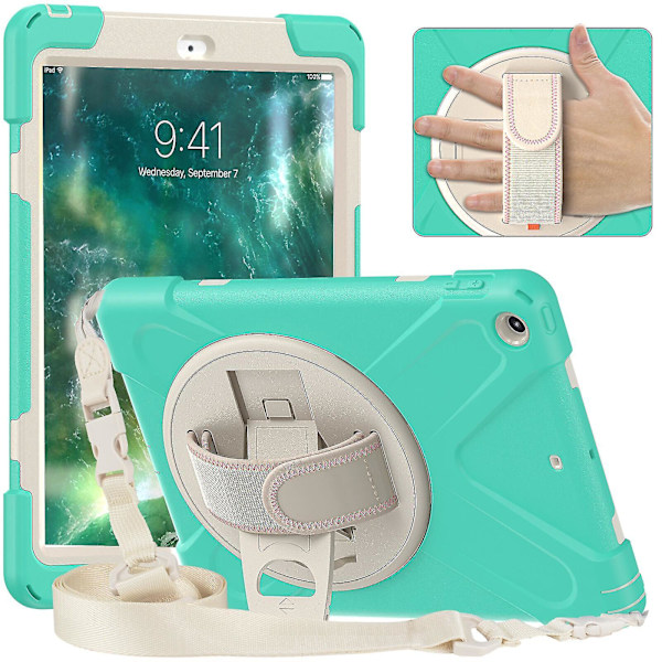 Nytt håndstroppdesign-etui for iPad 9,7 tommer med skulderstropp, justerbart stativ, pennholder, fallbeskyttelsesdeksel (mintgrønn)
