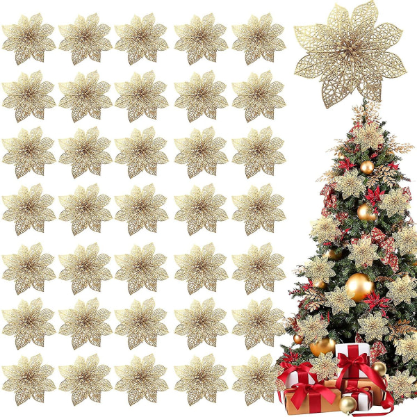 Piao White 36-pack julblommor dekorationer, glitter julstjärna julgransprydnader, 4 konstgjorda siden blommor val för julkransar G