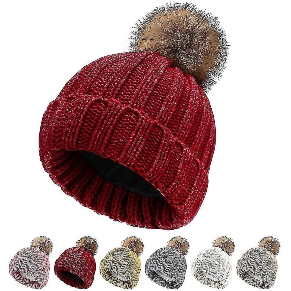 Dame Bobble Hat Vinterlue Huer Kabel Strikket Lue Med Kunstig Pels Pom Pom(1 stk)