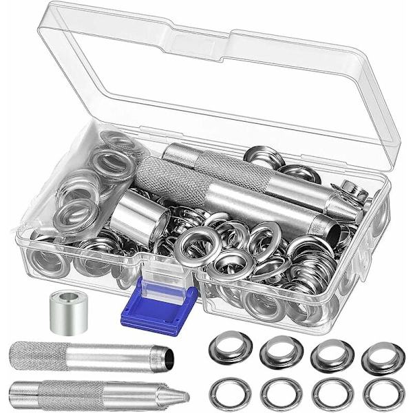 Grommetverktygssats, 10 mm metallgrommetsatser, 100-delad grommetsats, grommetkit för reparation av presenningstält i silver