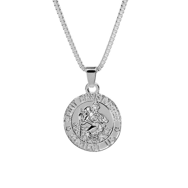 Unisex Saint Christopher Protect Us Letter Print Holy Pendant Necklace Amulet（Silver）