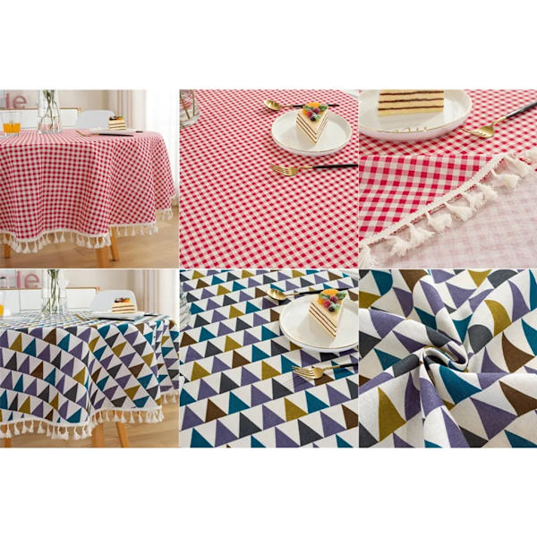 120 cm tofsgard duk, rund duk gjord av polyester bomull, för matbord, soffbord, trädgårdsbord (rött rutmönster)