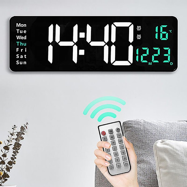 Digital väggklocka fjärrkontroll temperatur datumvisning LED-klocka（BLÅ TEMP DATUM)