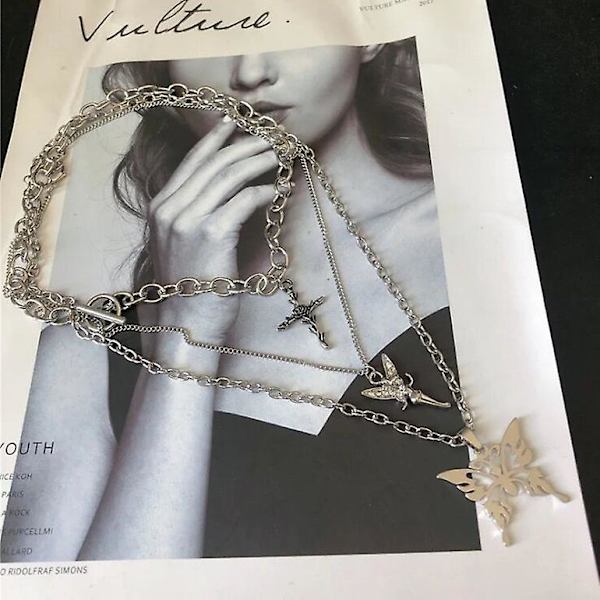 Kerroksinen paksu ketju Choker Toggle -kaulakorun korusarja Kerroksellinen perhonen Risti enkeliriipus Statement-kaulakoru