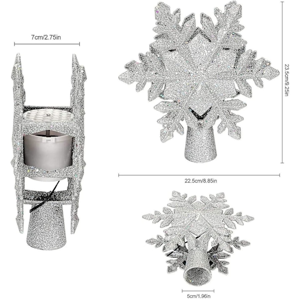 Joulukuusen latvatähti valkoisella lumihiutale-projektorilla, LED-pyörivä lumihiutale-projektori, 3D-salamavalo hopeinen lumihiutale-puun latvatähti jouluksi