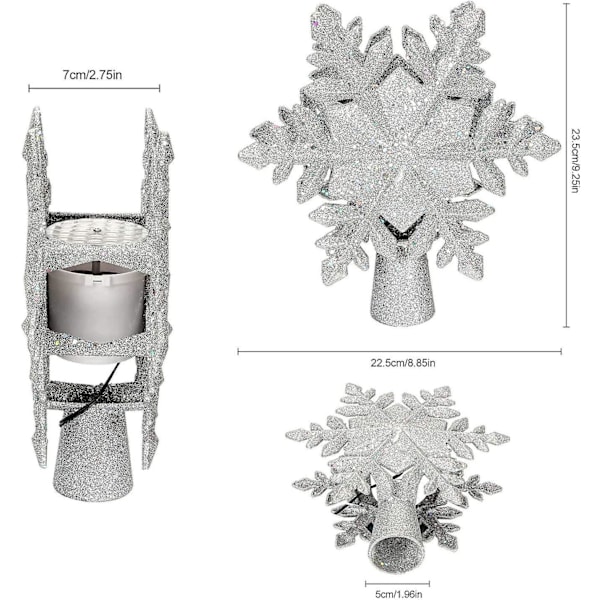 Juletrærtopp med hvit snøfnuggprojektor, LED roterende snøfnuggprojektor, 3D flash lys sølv snøfnugg tretopp for jul