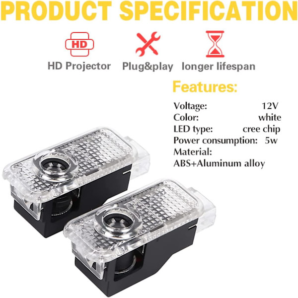 2 kpl LED-auton projektorivaloa, auton oven tervetulovaloa, auton LED-tervetulologovalo yhteensopiva A3 A4 A5 A6 A7 S3 S4 S5 S6 S7 Q5 Q7 TT