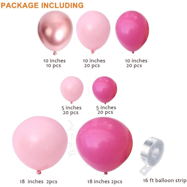 96-pack rosa rosa ballongbåge girlandsats latexballonger