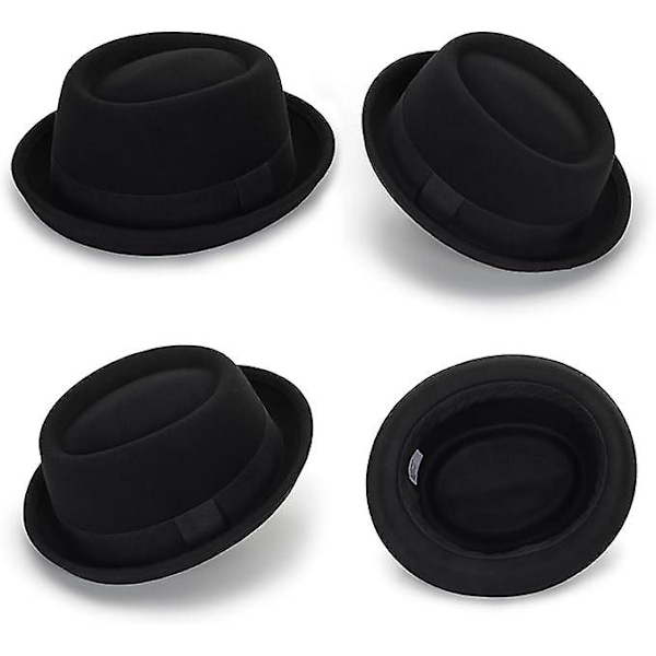 Herre Flat Top Porkpie Hat Blower Hatte, Sort Uldhat Med Bånd