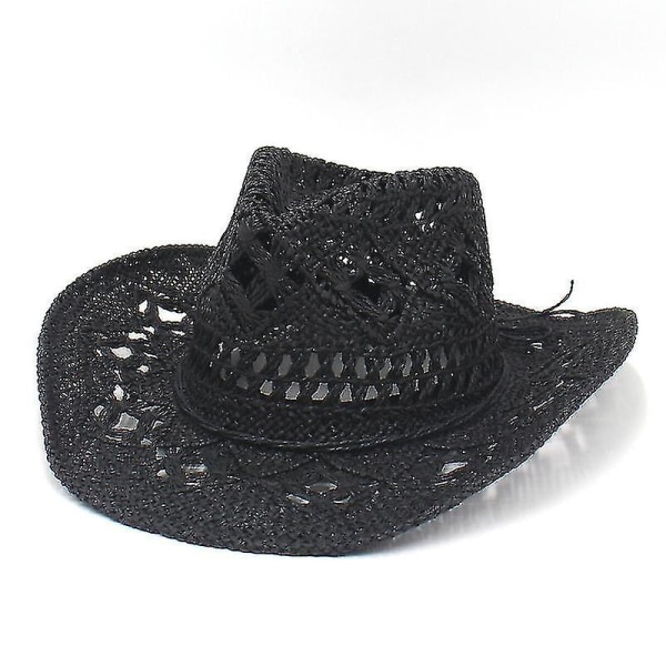Ulkoilu miesten naisten länsimainen Cowboy-hattu Käsinkudottu olkihattu hengittävä (musta)