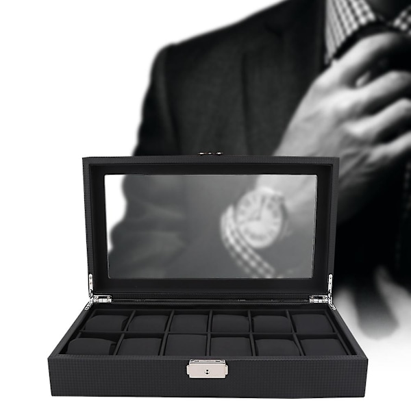 12 Slot Urkasse Læderboks Display Case Organizer Høj Kvalitet Smykkeopbevaring Sort