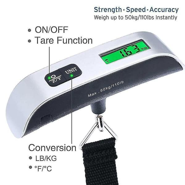 Bærbar digital bagagevægt 110lb/50kg, temperatursensor, LCD-display