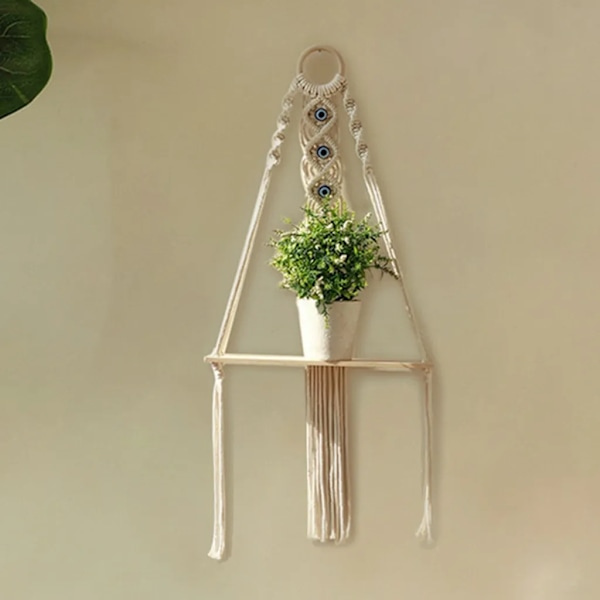 Boho vägg hylla, handvävd blomkruka stativ, väggdekoration med tofsar, väggmontering för sovrum, balkong