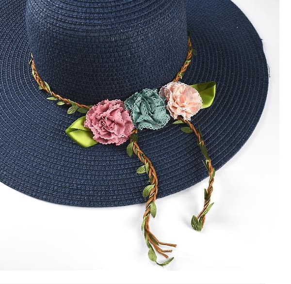 Flat-top Simulert Blomsterkrans Solhatt Halmhatt * Blekt Rosa (Mørk Blå)