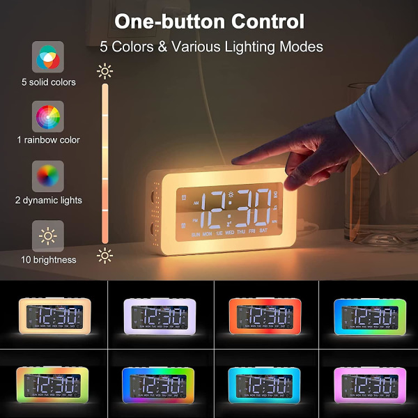 Digital väckarklocka med 2 väckarklockor, LED digital spegelklocka med 8 ljuslägen, snooze, sömnstöd, timer, elektronisk väckarklocka med kontinuerlig