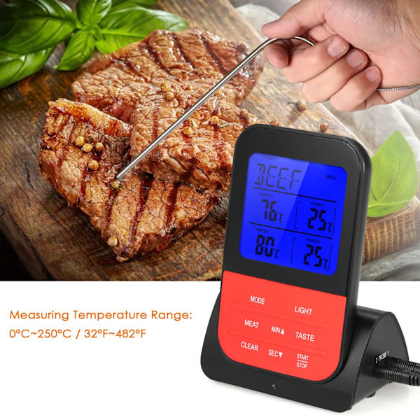 Trådlös digital BBQ-kötttermometer omedelbar bakgrundsbelyst LCD-matlagningstemperaturmätare med matlagningstimer Dubbel sond